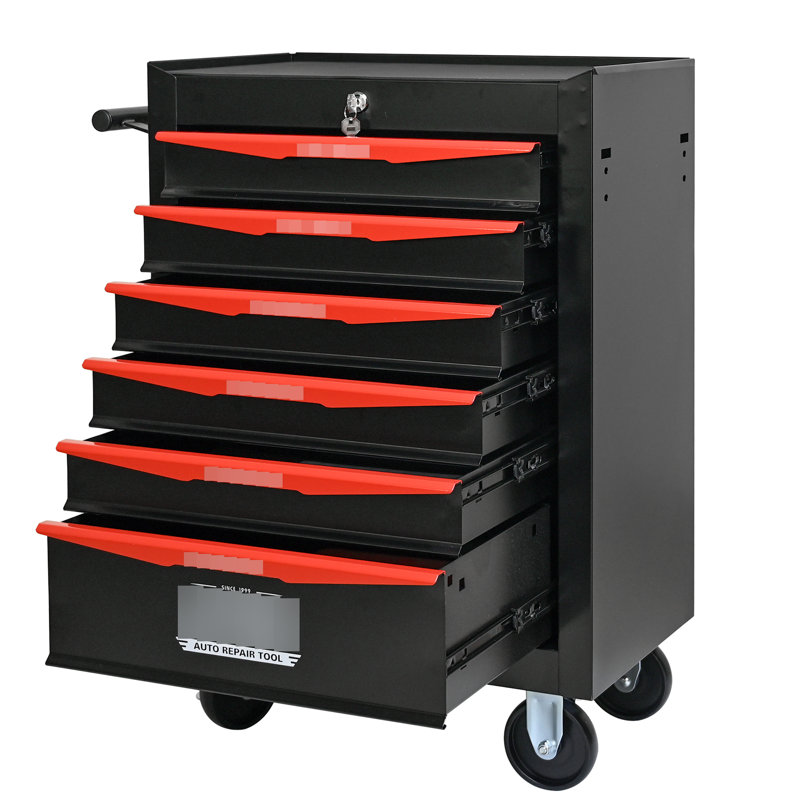 Boîte de rangement pour 6 outils avec mouvement de tiroir lisse - Verrou de rangement en acier noir et rouge de 20 po