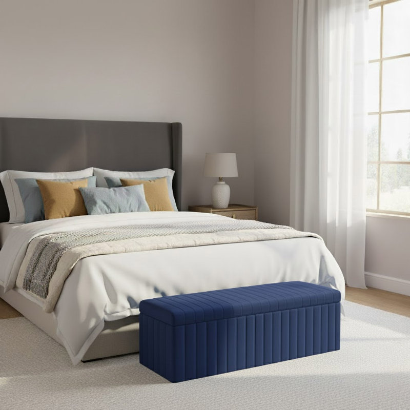 Lux Striped Wide Velvet Rectangle Solid Color Standard Ottoman Box with Storage, 40 cm H x 90 cm W x 42 cm D, Sapphire Blue