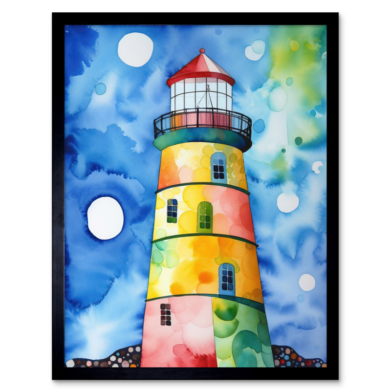 Multicoloured Lighthouse Watercolour Painting Artwork Framed Wall Art Print 9X7 Inch