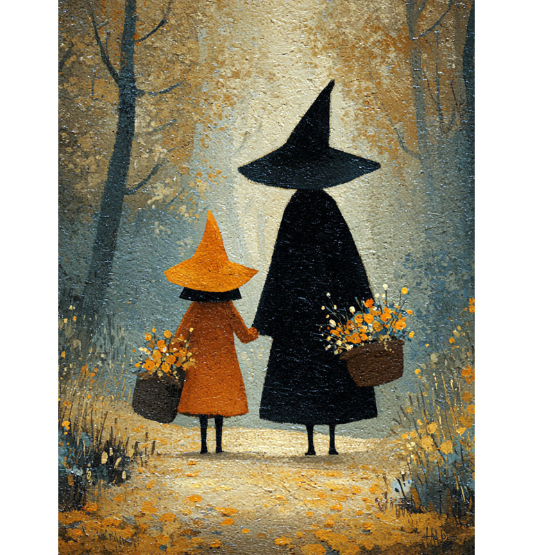 Automne, forêt, sorcières avec paniers, art mural sur toile tendue, H 24 po x l 16 po