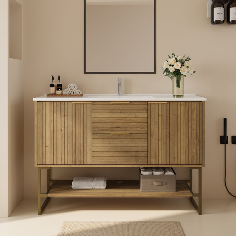Meuble-lavabo autoportant de 47,2 po, meuble-lavabo en bois multi-couches avec finition grain de bois naturel, lavabo en céramique intégré avec quincaillerie brossée et tablette de rangement ouverte