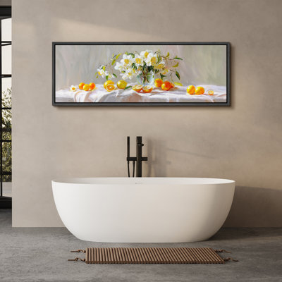 "Nature morte vibrante avec fleurs blanches et agrumes, œuvre d'art rétro très grande peinture"