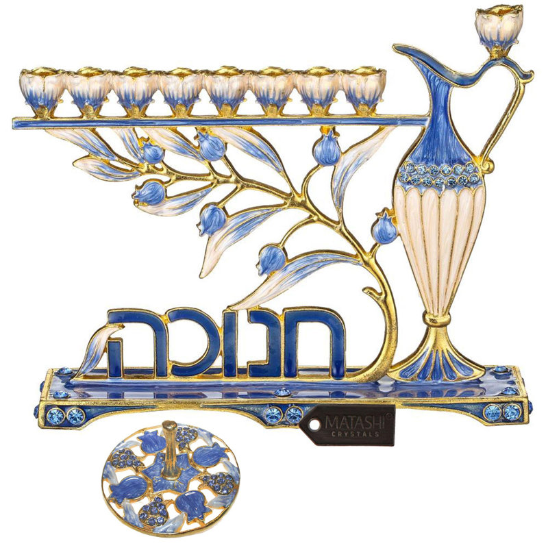 Ensemble de menorah et dreidel - candélabre de la menorah en émail bleu peint à la main avec dessin «Hanoukka» hébreu et dreidel tournant par Matashi