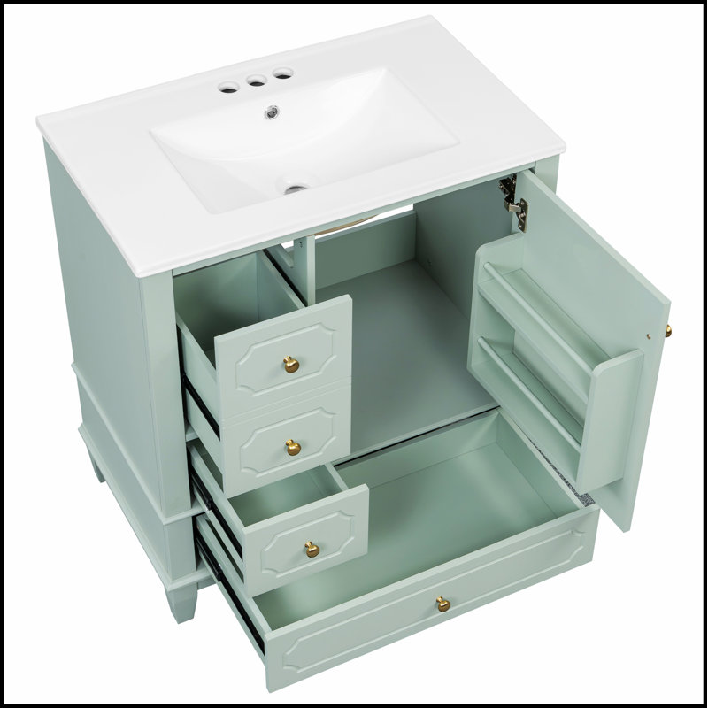 Meuble-lavabo autoportant avec lavabo, structure en bois massif, porte à fermeture en douceur, tiroirs multiples, tablettes de rangement, idéal pour les salles de bain pratiques et élégantes