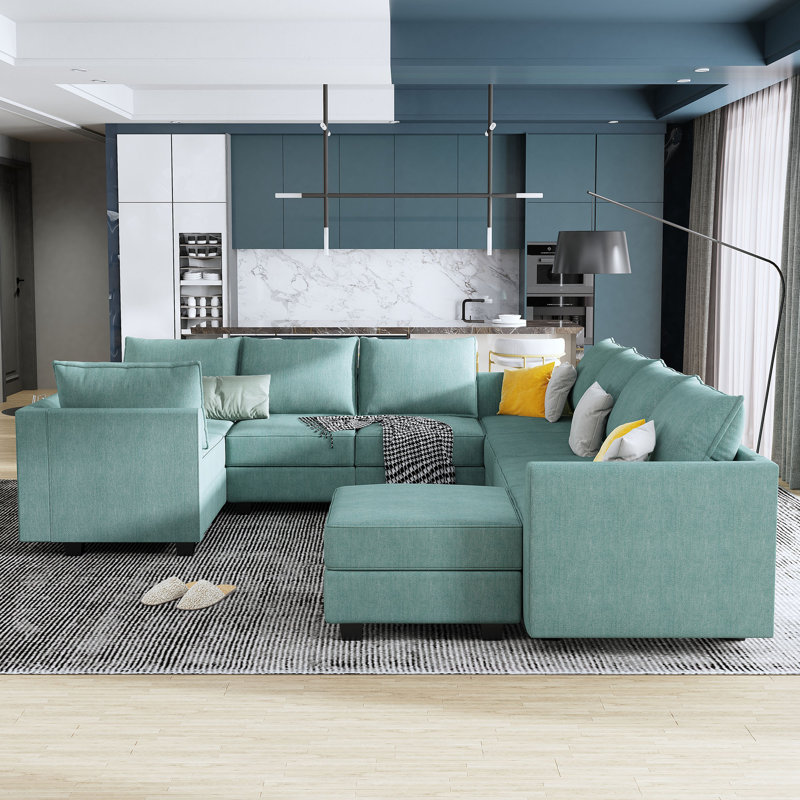 Modular U-Shaped Sectional with Storage , Blue Polyester