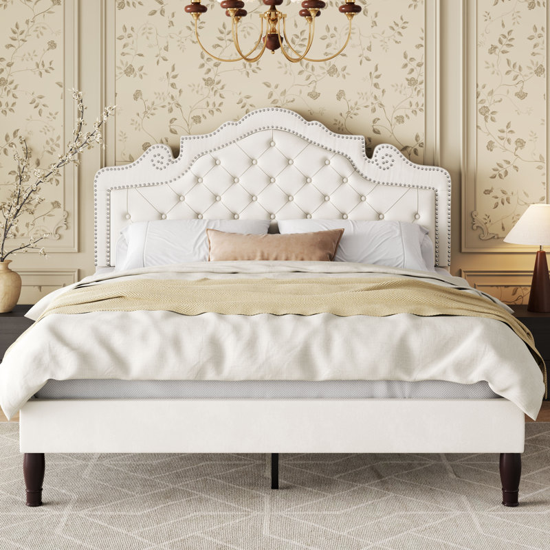 Antonious Velvet Tufted Crown-Shaped Headboard Platform Bed，3-Level Adjustable Height ,No Box Spring Needed,Underbed Storage,Queen Size,White