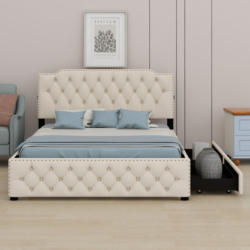 Lit plateforme tapissier avec tiroirs et 2 ensembles de ports USB, Beige