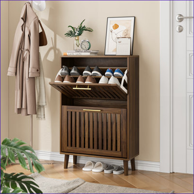 Shoe Cabinet, 23.6-Inch Walnut Brown with 2 Flip Drawers &amp; Adjustable Partitions | Farmhouse | Entryway