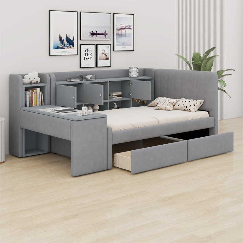 Lit de jour rembourré avec tiroirs, tablettes, armoires rabattables et table d'appoint, Gris