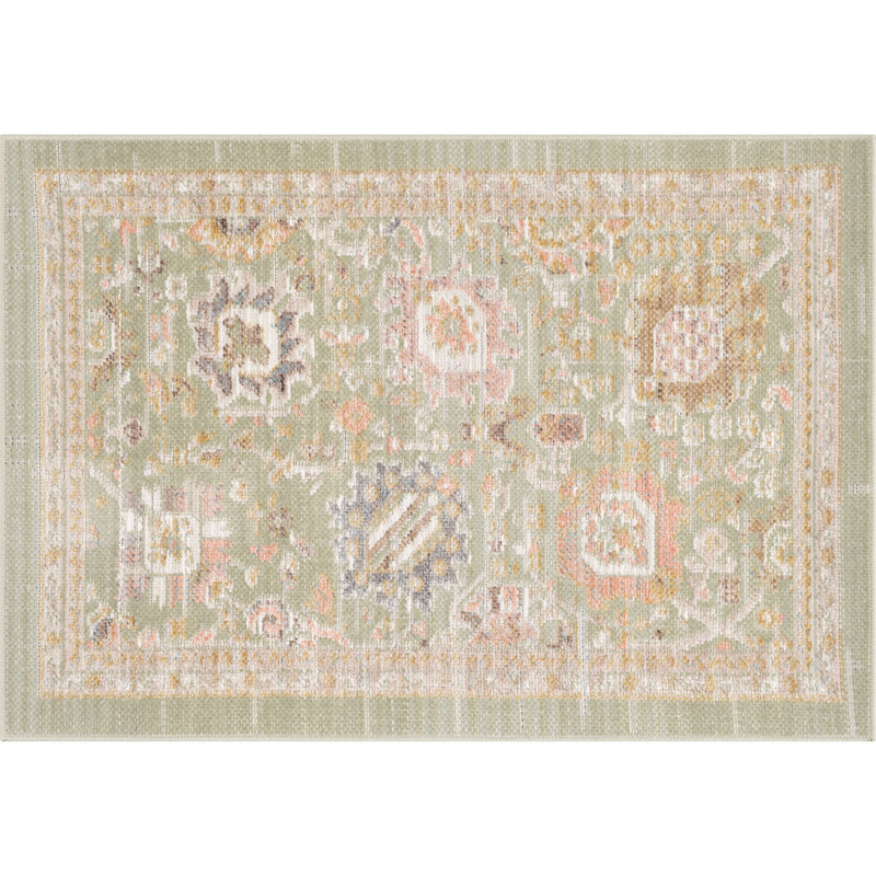 Tapis oriental traditionnel en polyester sauge Alyssa, 2 pi x 3 pi, Rectangulaire 2 pi x 3 pi