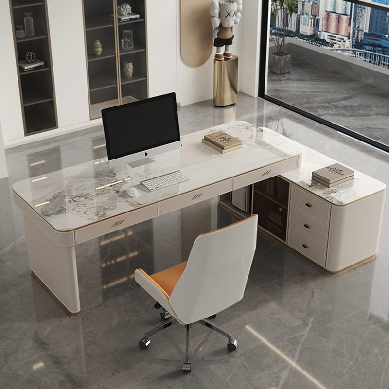 Bureau moderne en L de luxe moderne, plateau en pierre frittée polie, armoire de rangement multifonctionnelle, détails en cuir beige