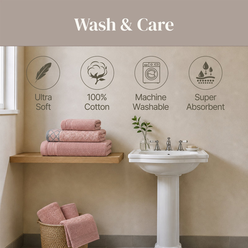 Modern Threads 6-Piece Damask Jacquard/Solid Ultra Soft 550GSM 100% Combed Cotton Towel Set with Embellished Borders, Peach