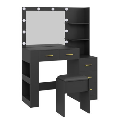 41" Large Vanity Desk with 10-Bulb Mirror and Built-in Outlets - Makeup Vanity Desk with 3 Color Lighting Modes and 5 Drawers - Dressing Table with Soft Cushioned Stool for Bedroom