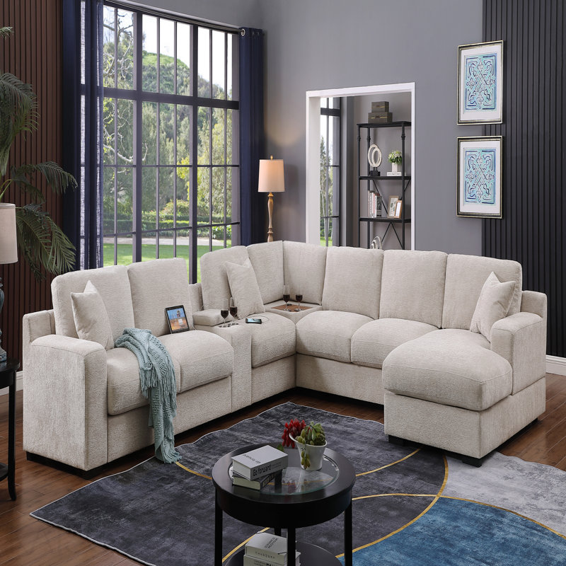 Canapé modulaire en chenille de 141,5 po en chenille beige avec méridienne, porte-gobelets et ports de recharge, Beige