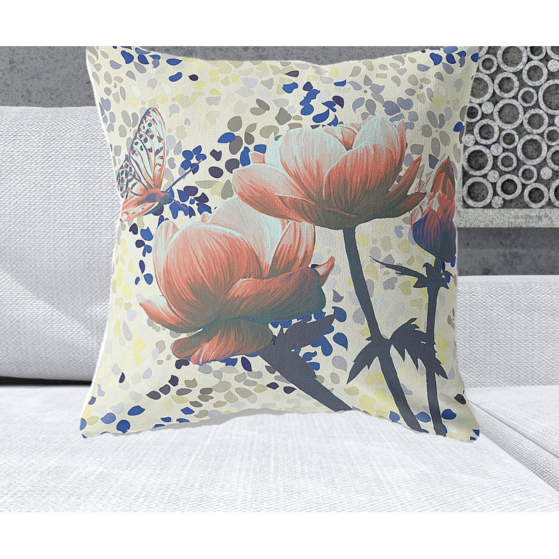 Coussin décoratif intérieur floral 26 "X 26" Indigo, Floral jaune / orange