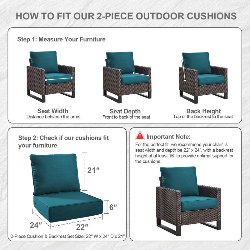 Allo 24"X22"X6" Patio Thick Cushions & Pillows Set - Deep Seat Indoor/Outdoor Water & Fade Resistant, Peacock Blue, 1