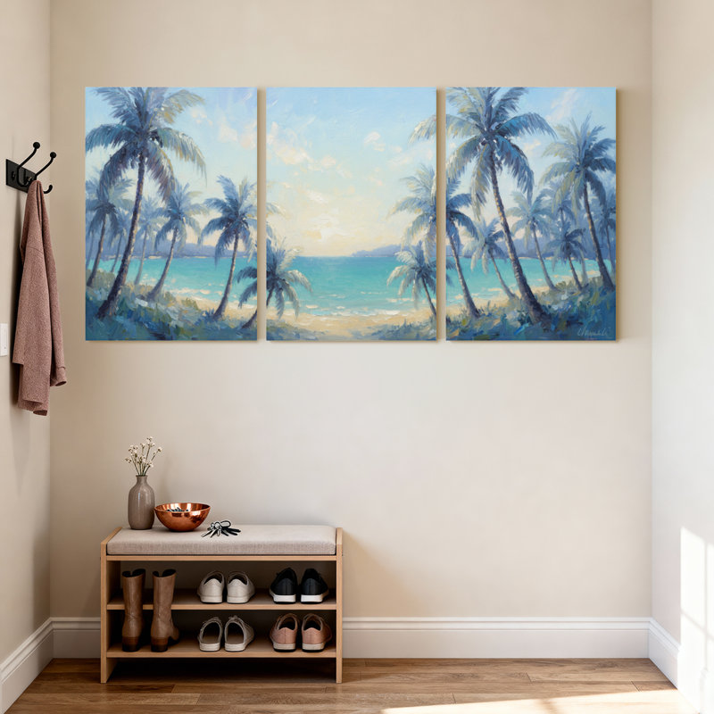 Palmiers, plage tropicale, palmiers, océan, coucher de soleil, paysage, ensemble de 3 toiles, H 18 po x l 36 po