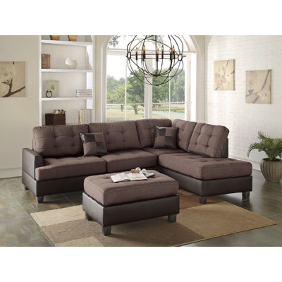 Sectional Sofa Chocolate Polyfiber Cushion Tufted Reversible 3Pc Sectional Sofa, Chaise  Ottoman Living Room Furniture