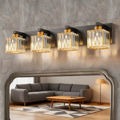 Modern Crystal Black Gold Bathroom Vanity Light Fixture With Square Shade - 4-Light Dimmable Wall Sconce For Mirror Lighting, E26 Socket Compatible, Elegant Home Decor