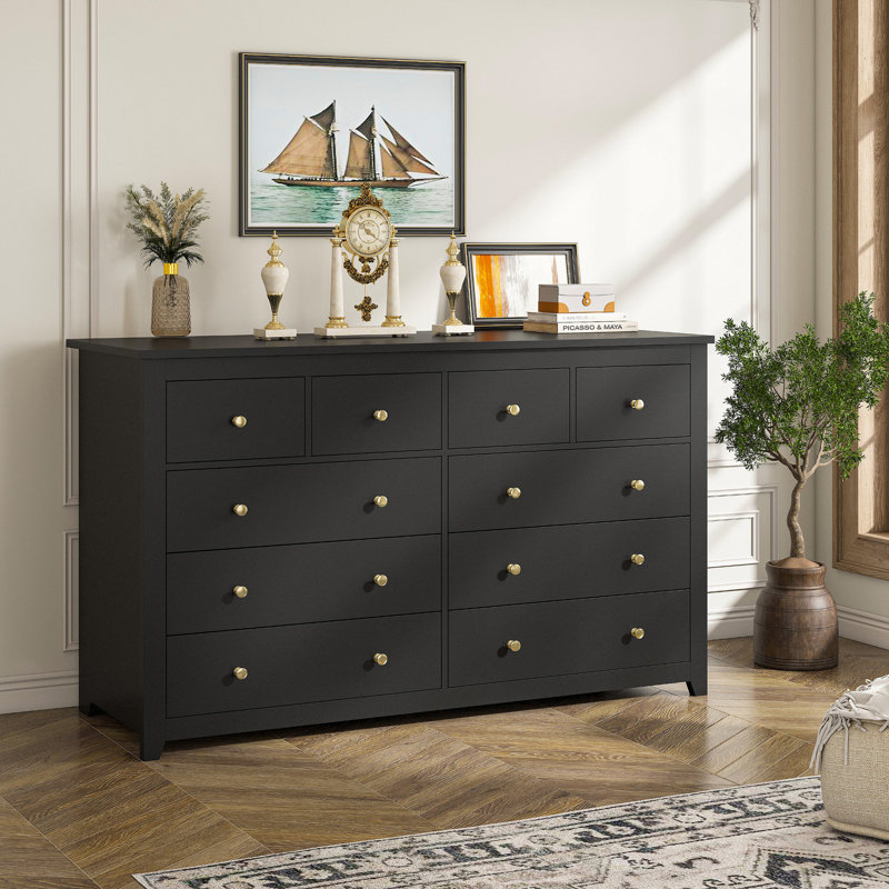 Eathen 52.2"W 10 Drawer Double Dresser, Black