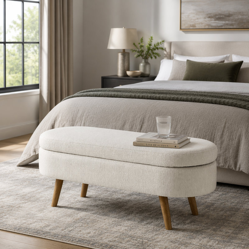 Repose-pieds de rangement ovale en tissu avec pieds en bois d'hévéa, parfait pour la décoration intérieure et une utilisation multifonctionnelle