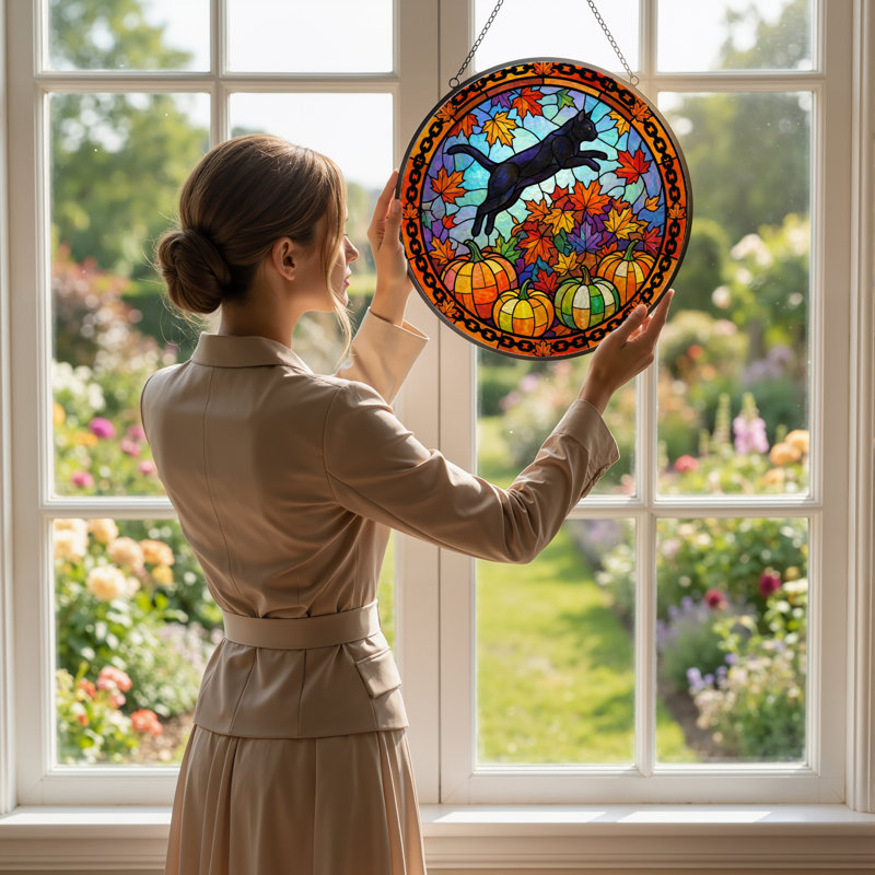 12"H Autumn Cat Stained Glass Window Panel