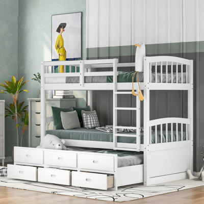 Lit superposé simple au-dessus d'un lit simple en bois avec lit gigogne et tiroirs, blanc