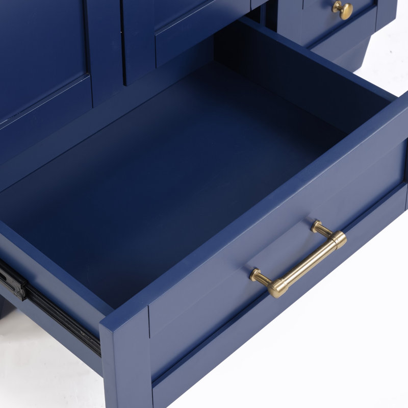 Meuble-lavabo de salle de bain avec lavabo en céramique, Bleu marine/doré