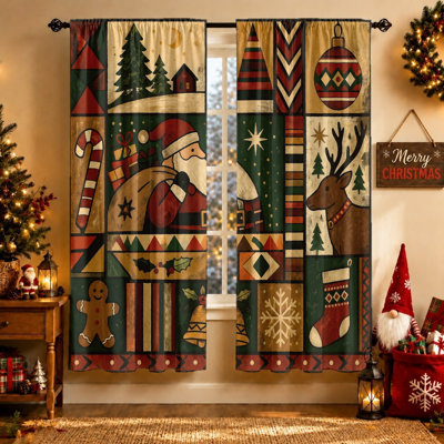 2Pcs Christmas Patchwork Curtains, Vintage Santa Claus Reindeer Gingerbread Man Pattern Light Filtering Rod Pocket For Living Room Bedroom Kitchen Outdoor Decor