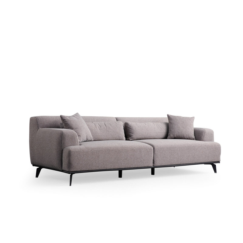 Stylish 3-Seat Sofa, Brown & Grey Fabric, 94.5 x 39.4 x 29.5 inches | Durable Beech Wood & Chipboard Frame, 100% Polyester Upholstery | Includes 5 Pillows, Soft Foam & Silicone Back Support, Black Metal Legs
