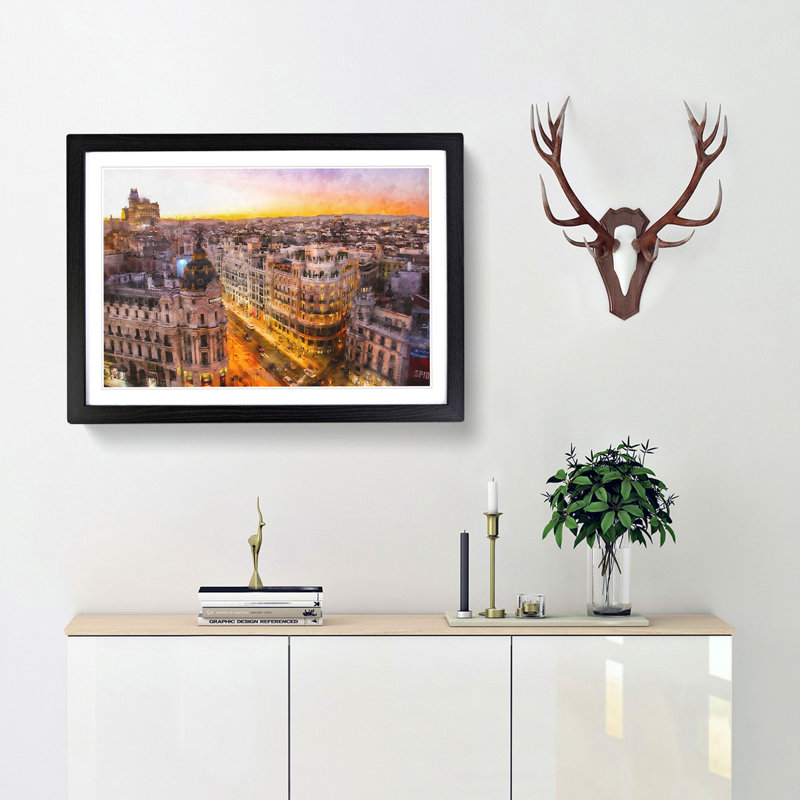 Calle Gran Via in Madrid Spain - Picture Frame Graphic Art Print, 33cm H x 45cm W x 2cm D, Black Framed