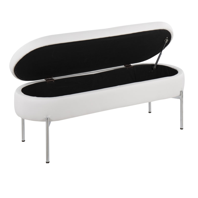 Faux Leather Upholstered Storage Bench, White/Chrome