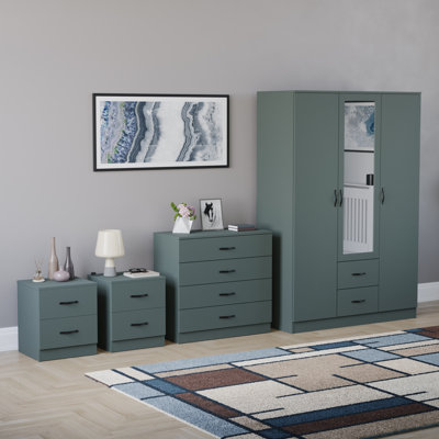 Tayce 4 Piece Bedroom Set (2 Drawer Bedside Chest, 4 Drawer Chest, 3 Door 2 Drawer Mirrored Wardrobe)