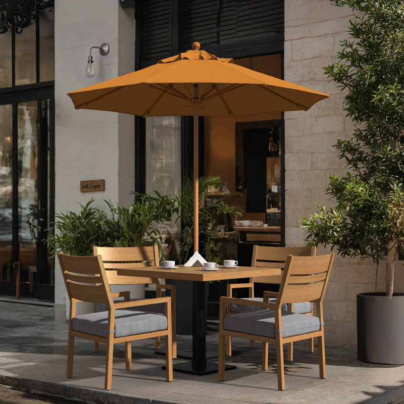Parasol en bois de teck 7,5 pi avec nervures en fibre de verre et poussoir en tangerine Sunbrella, Orange
