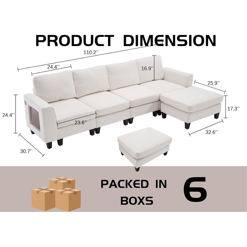 Canapé modulaire modulaire avec table d'appoint pliable / port USB pour appartement, Lin blanc