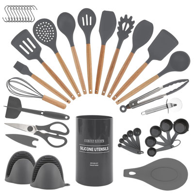 Ensemble 29 pièces d'ustensiles de cuisine en silicone, poignée en bois, antiadhésif, résistant à la chaleur, sans BPA