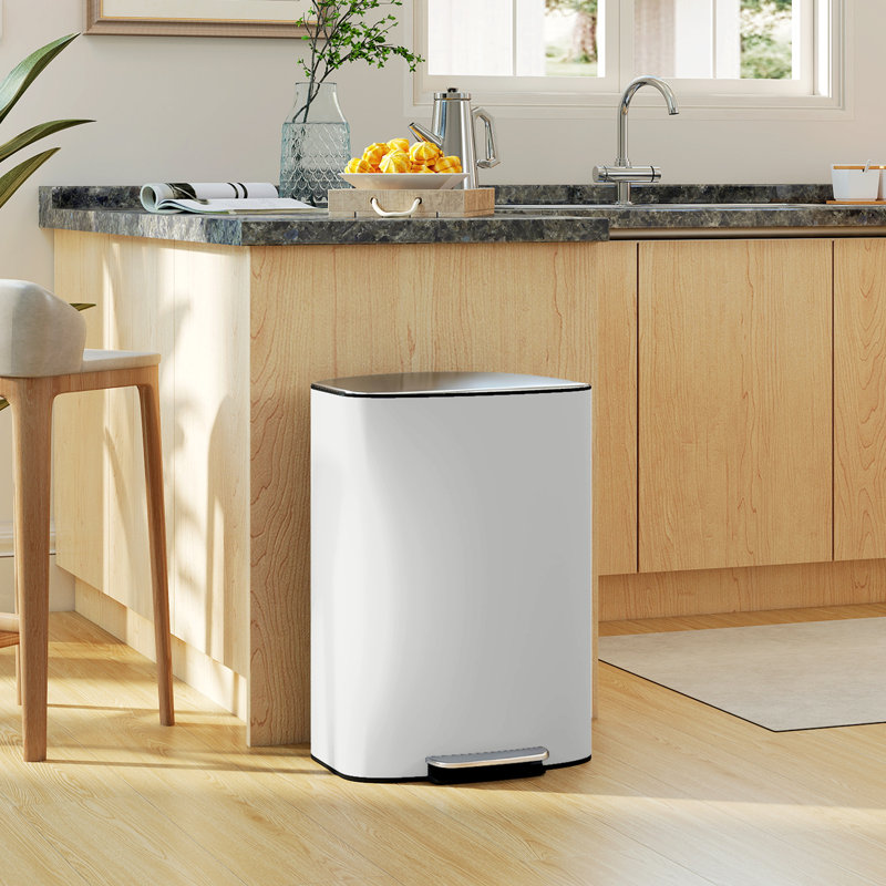 Stainless Steel, Metal Step On Kitchen Trash Can - 50L, White