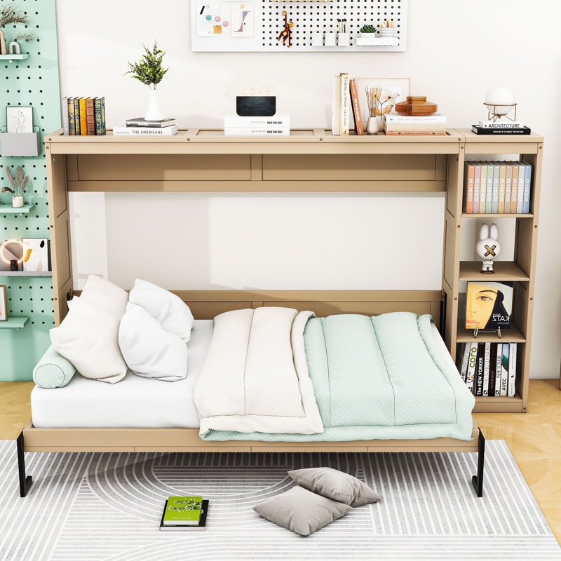 Lit escamotable en bois avec tablettes intégrées, Naturel, Double
