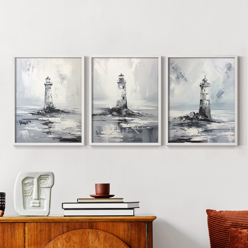 Série Sea and Shore Cxxx - Ensemble de 3 estampes numériques encadrées - Prêt à être accroché, Cadre blanc, H 28 po x l 22 po