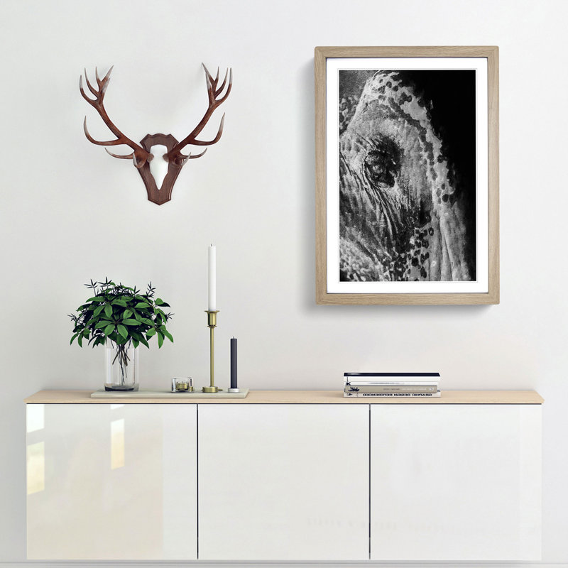Watchful Elephant - Framed Print, 65cm H x 48cm W x 2cm D, Oak Framed