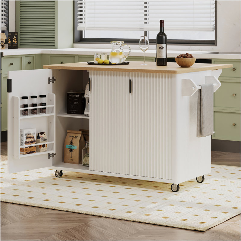 51" Fluted Kitchen Island with Drop Leaf, Farmhouse Accent Kitchen Island on Wheels with Internal Storage Rack, Rolling Kitchen Cart with Towel Rack for Kitchen, Dining Room