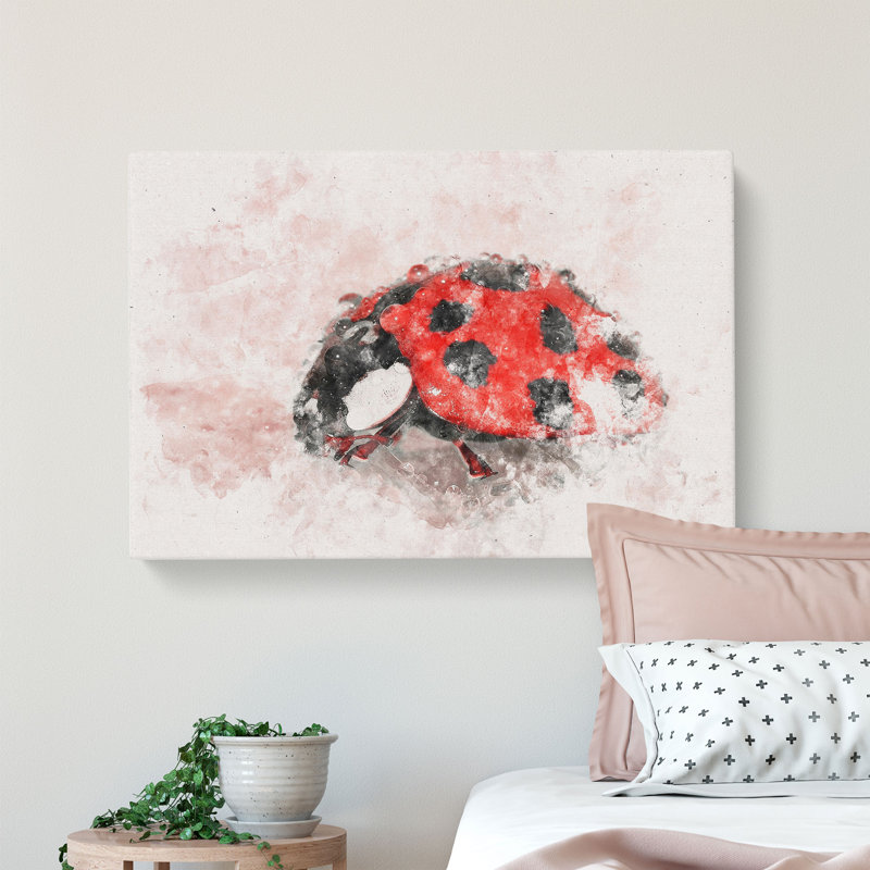 Red Ladybird Insect on a Pink Petal Watercolour - Wrapped Canvas, 50cm H x 76cm W x 3cm D