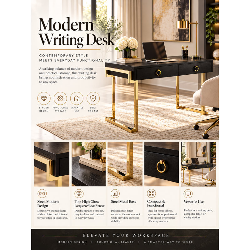 Pangea Home Julia Modern Contemporary Glam Office Desk – 2 Drawers - Wood Veneer with Steel Legs, Black/Gold