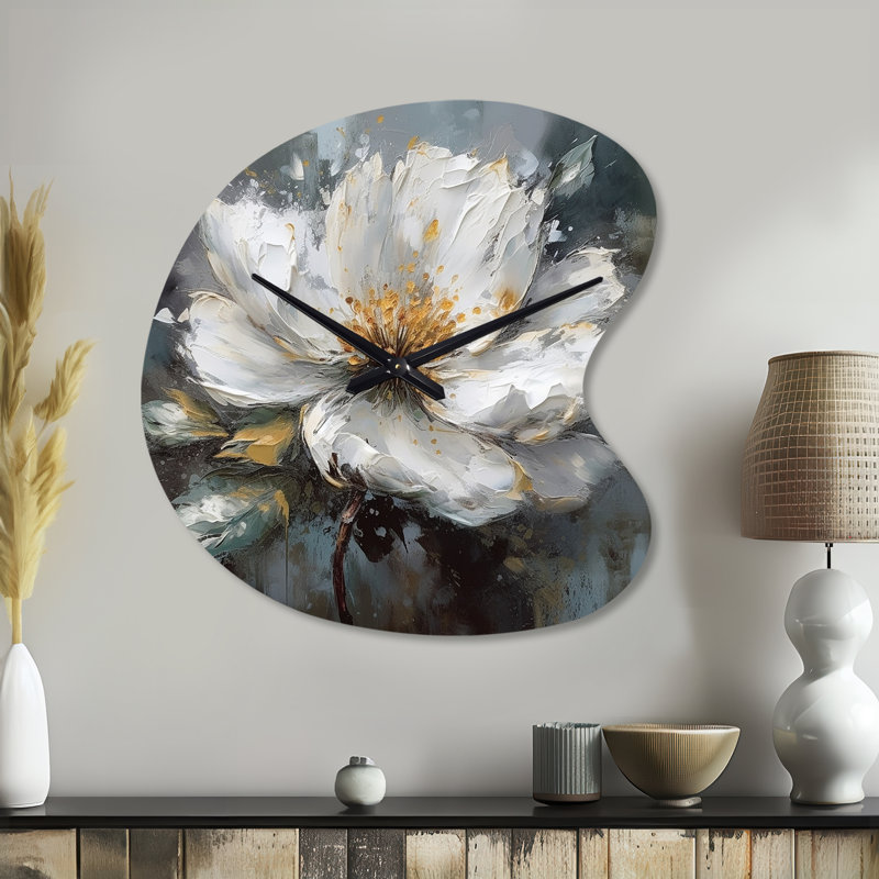 Vibrant blanc gris pivoine fleur - pivoines forme unique horloge murale en métal, impression d'horloge murale asymétrique moderne