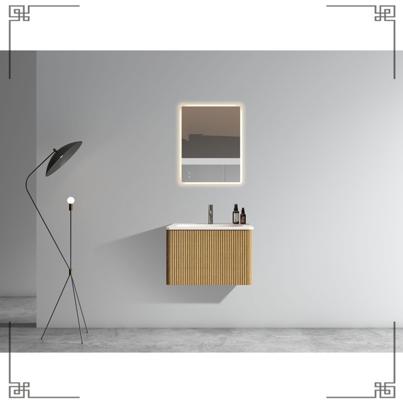 Meuble-lavabo 24 po - Chêne naturel rayé et lavabo en céramique blanche