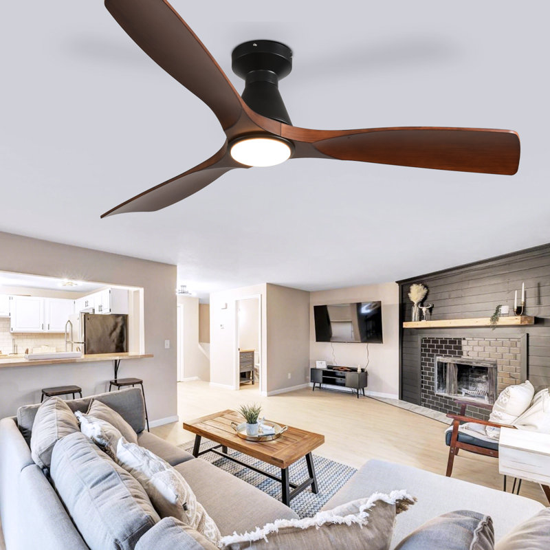 Ventilateur de plafond encastré à profil bas de 52 pouces en noyer, 3 pales, avec éclairage et télécommande ; ventilateur intérieur/extérieur à intensité variable avec télécommande, moteur CC silencieux et minuterie.