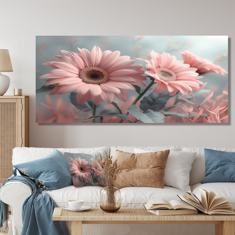 Décoration murale marguerites roses et grises II - marguerites, Toile tendue, H 28 po x l 60 po x P 1,5 po