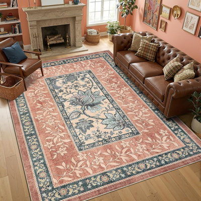 Tapis lavable terre cuite bleu sarcelle 4 x 6, tapis rétro Botanical Grove