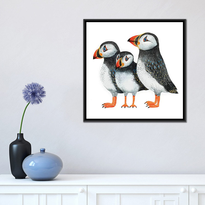 « puffins », reproduction sur toile, H 18 po x l 18 po x P 1,5 po, Toile avec cadre flottant noir, Pas de tapis