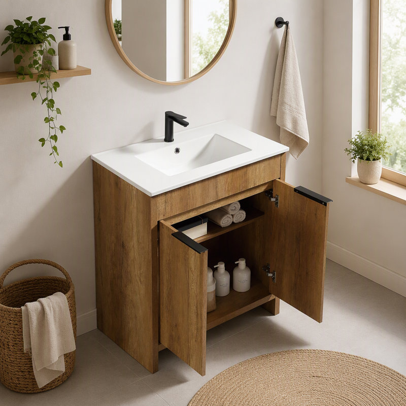 Armoire de salle de bain murale flottante moderne 36 po avec lavabo et portes en pierre artificielle, chêne doré